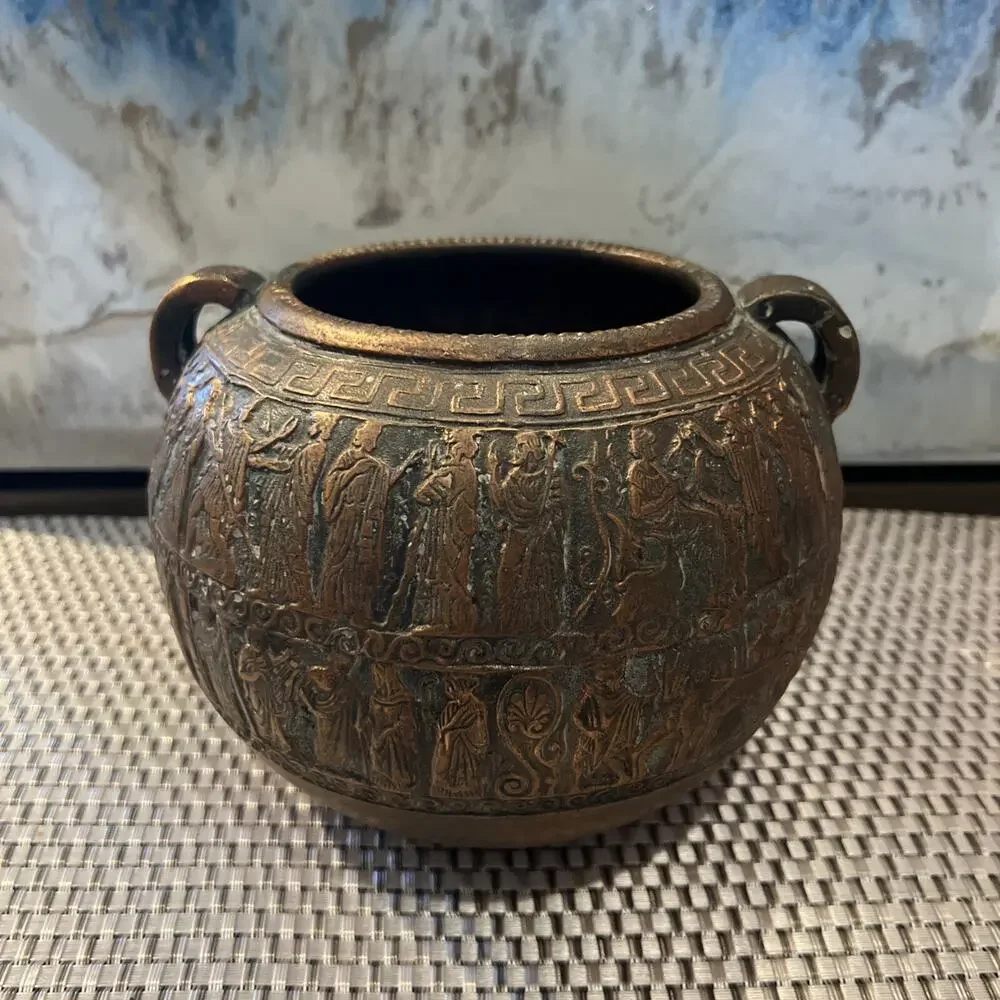 Vintage Greek Earthenware Jar Figural Motif Decor 5.8